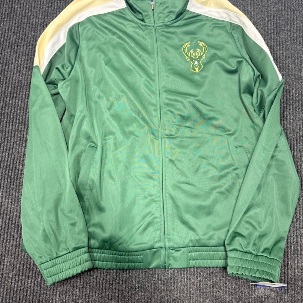 NBA Milwaukee Bucks green track jacket with white and yellow stripes